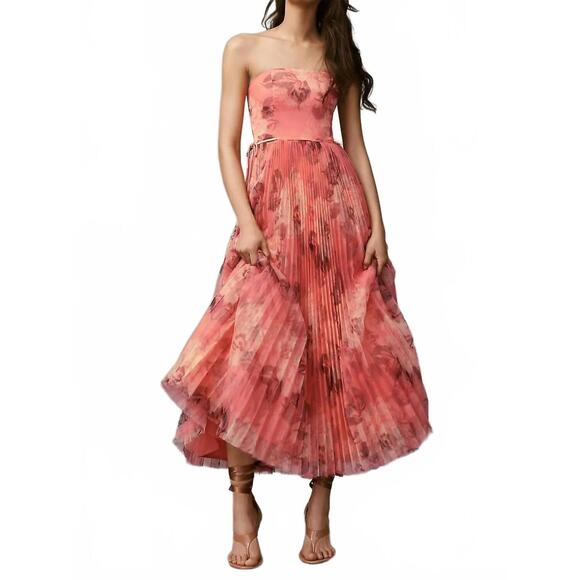 NEW HUTCH costella strapless pleated floral tulle midi dress in pink blush